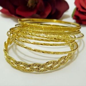 Gold Tone Etched & Braided Bangle Bracelet Set of 10 Boho Hippie Style